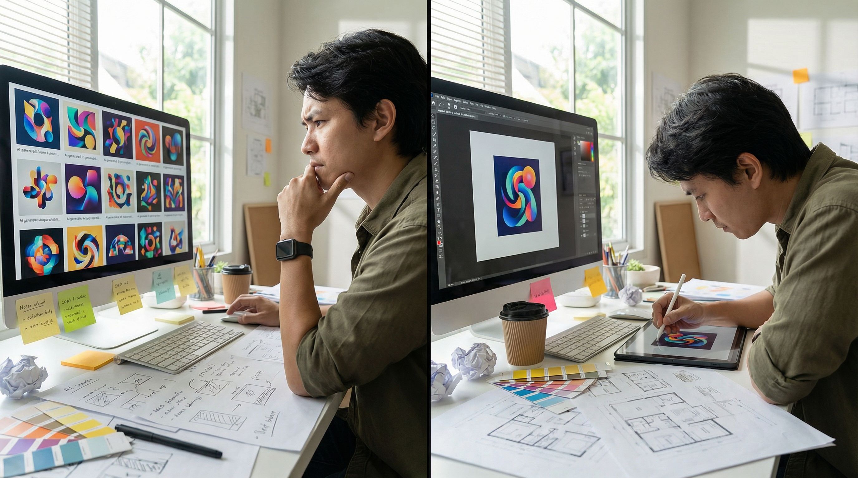 Designer critically reviewing and improving AI-generated design work
