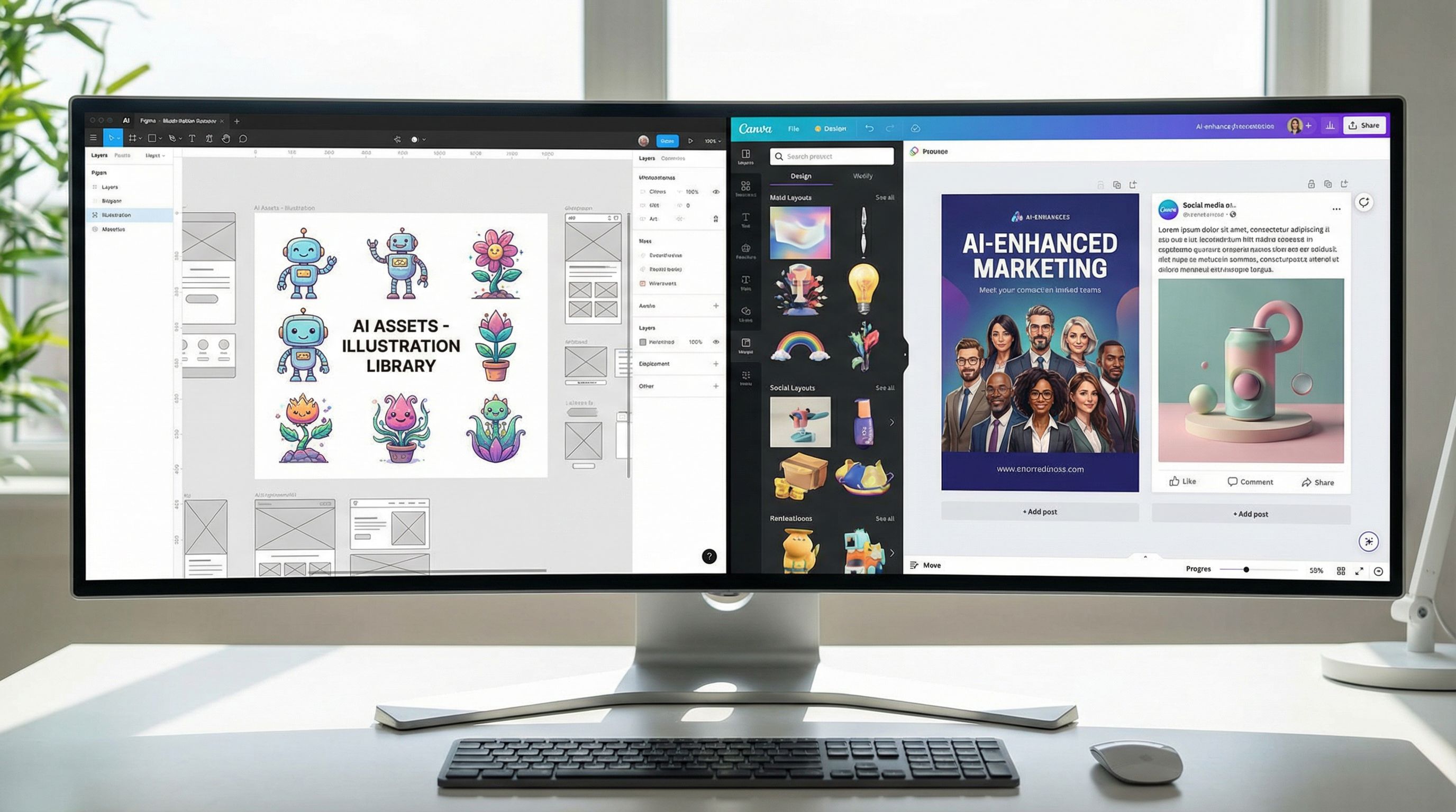 Figma and Canva interfaces showing AI-integrated design workflows