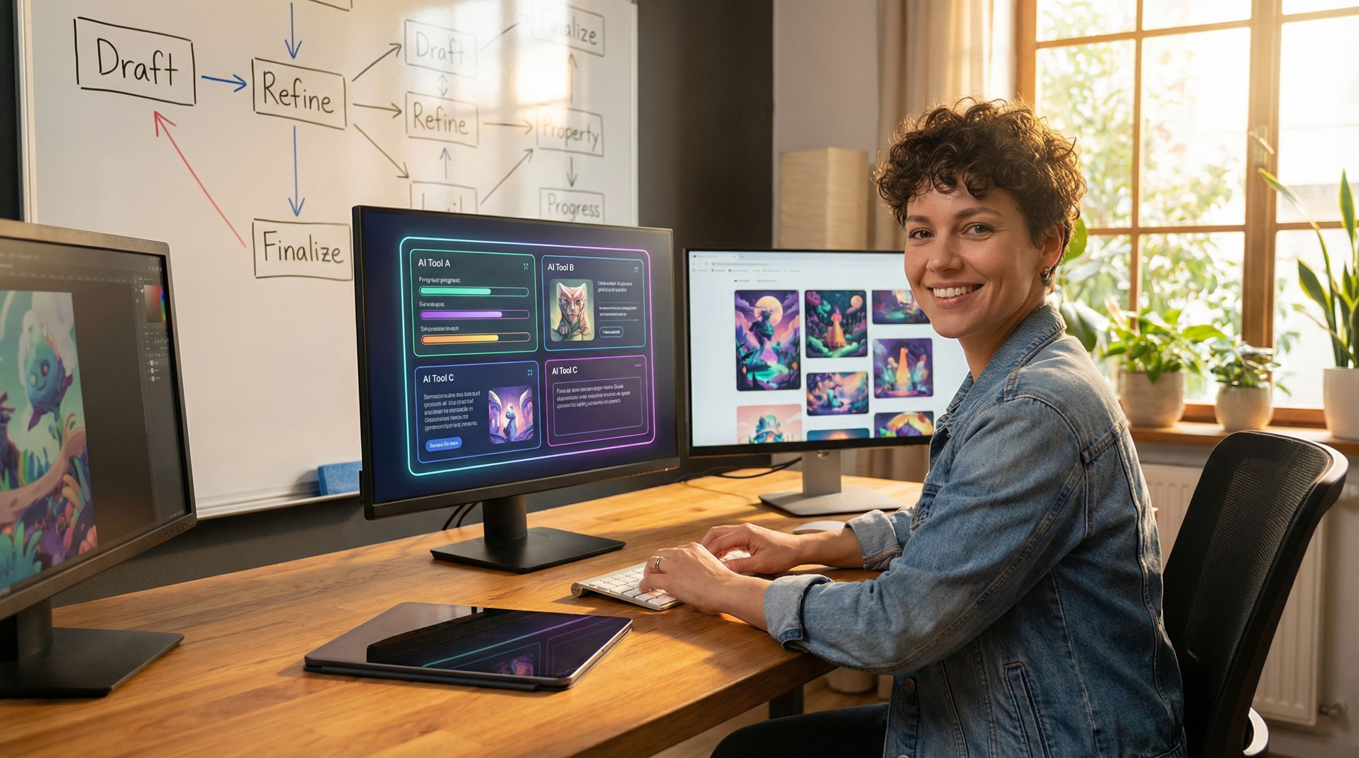 Confident designer using multiple AI tools with clear decision-making and quality control processes