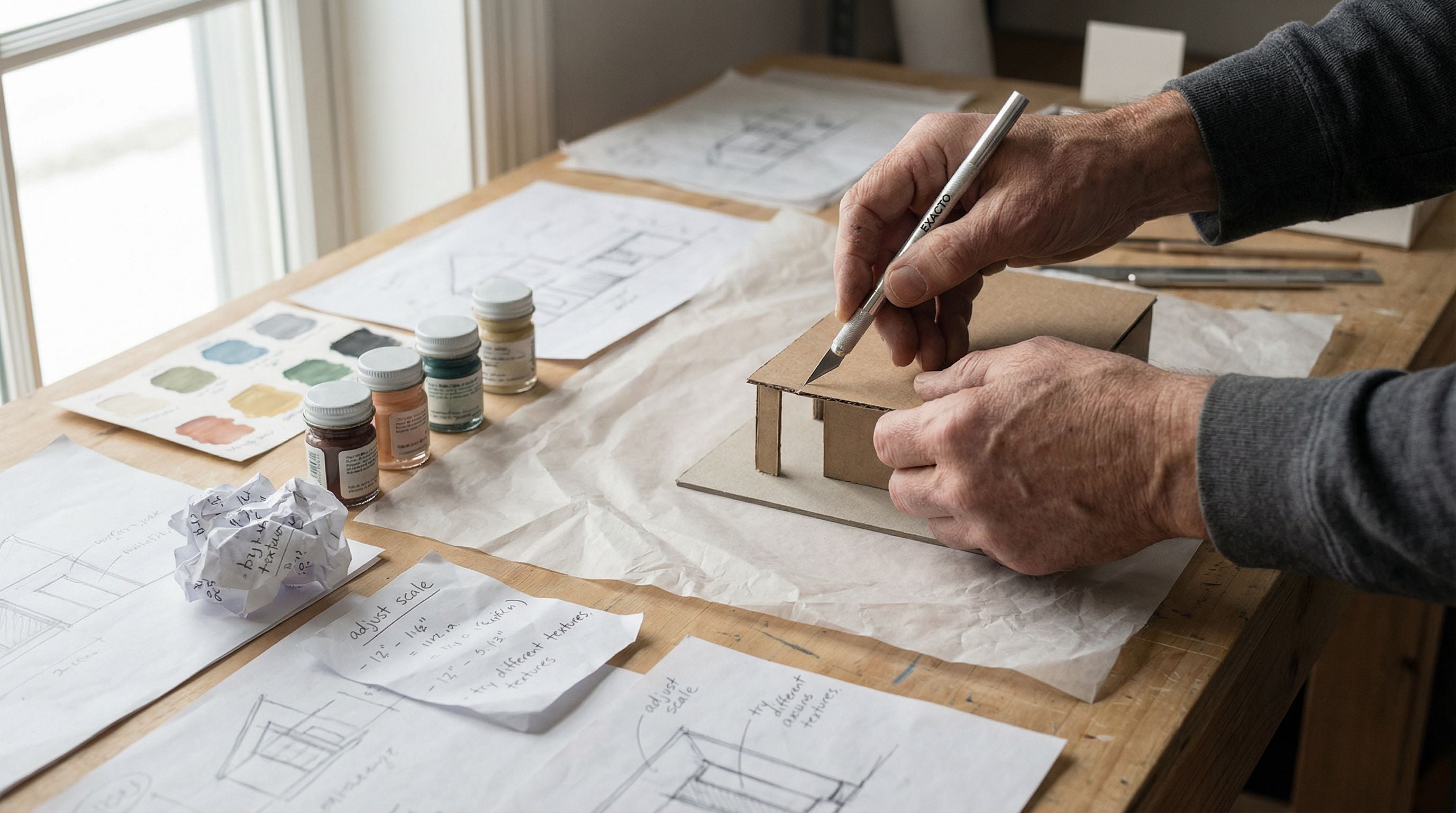 Designer's hands creating handmade design work with visible sketches and tactile materials