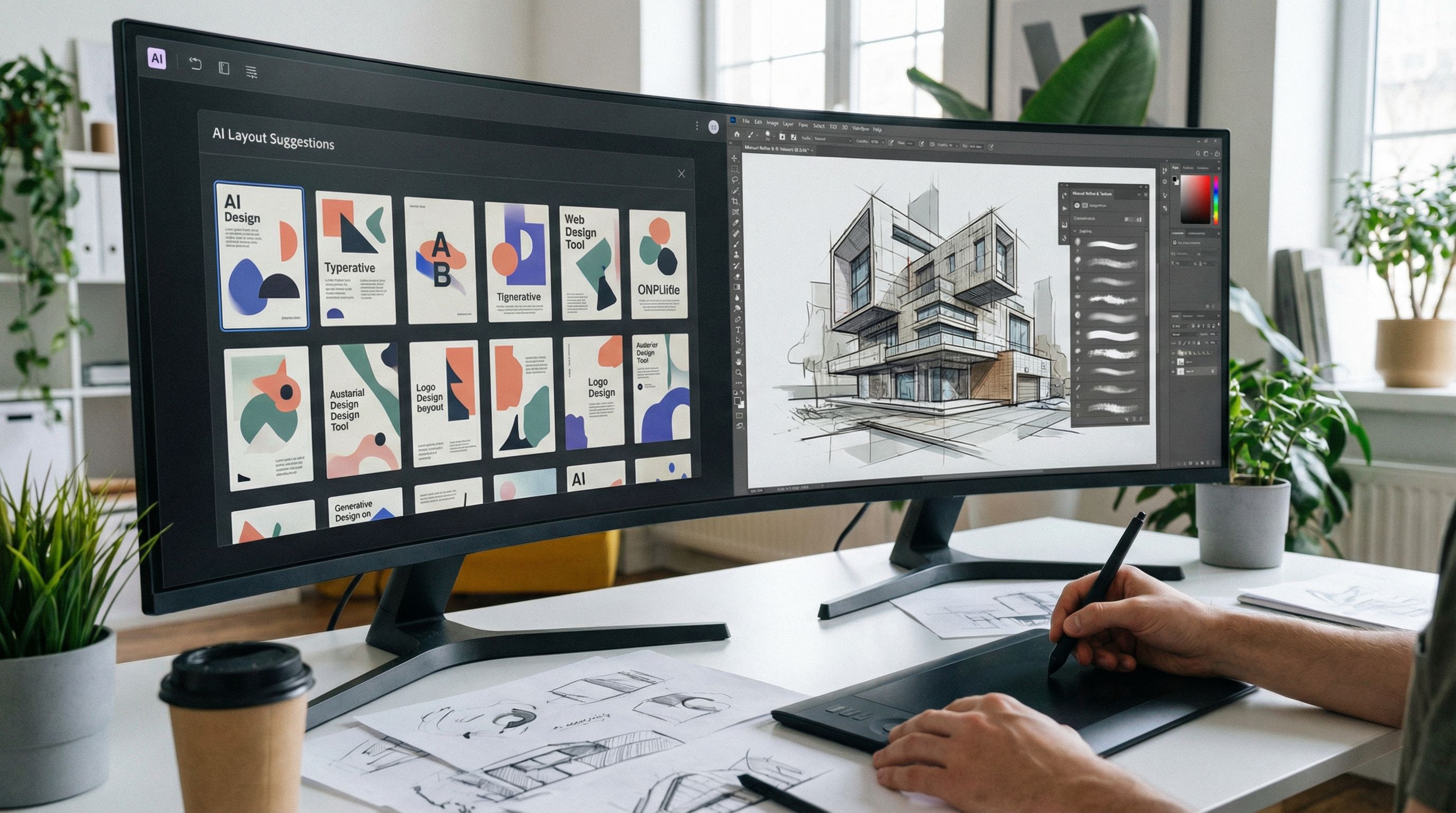 Hybrid design workflow showing AI-generated suggestions alongside human designer refinement with stylus input