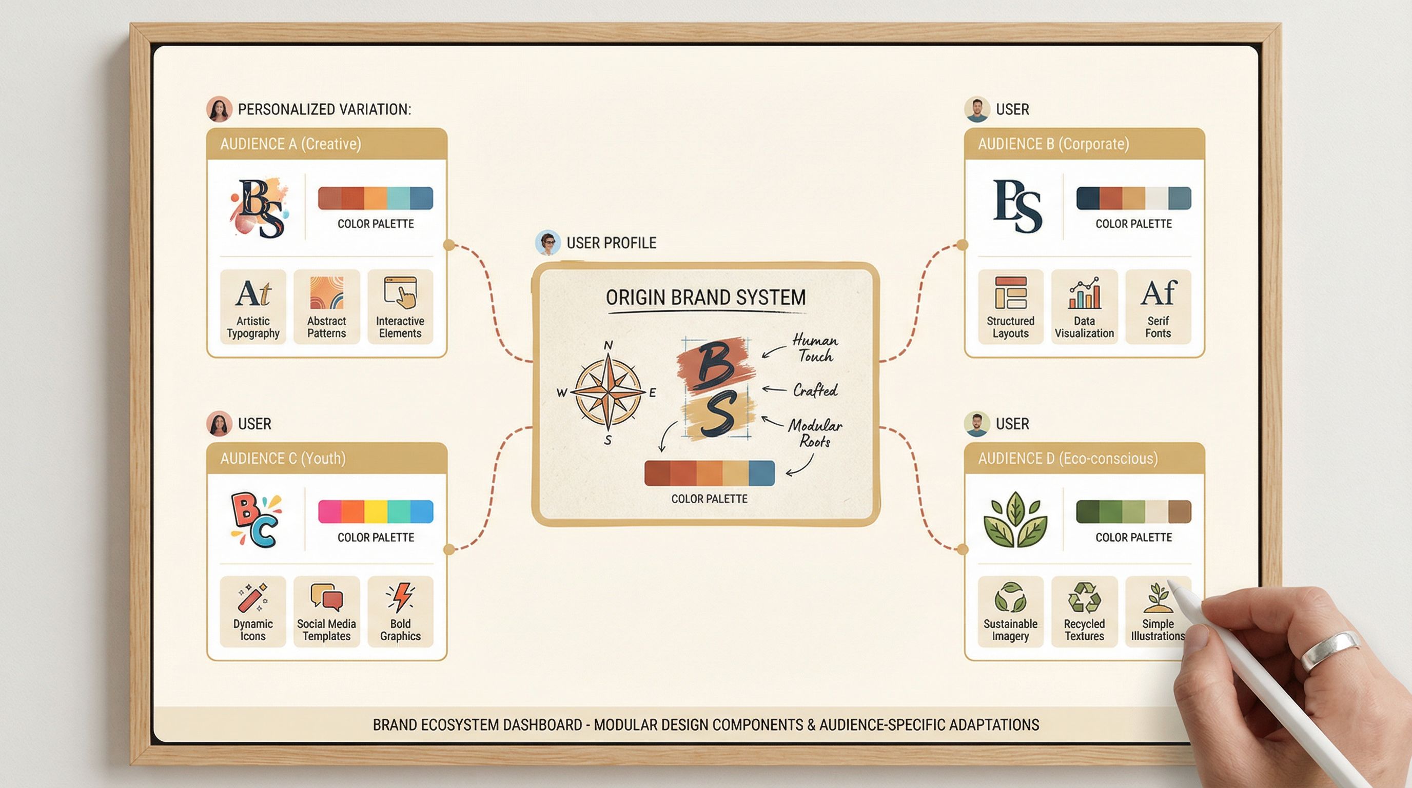 Design system diagram showing hand-crafted core brand elements scaling into personalized variations for different audiences