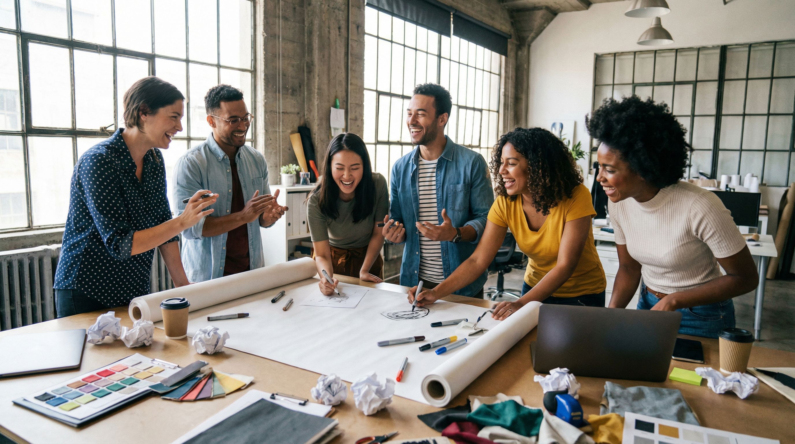 Creative team actively collaborating on design work with visible sketches, materials, and human interaction